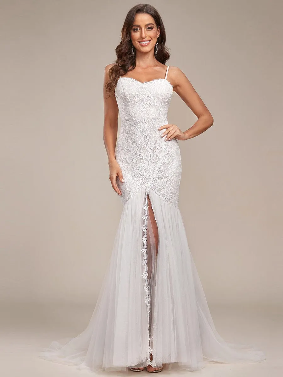 Spaghetti Strap Lace Backless Long Fishtail Wedding Dress