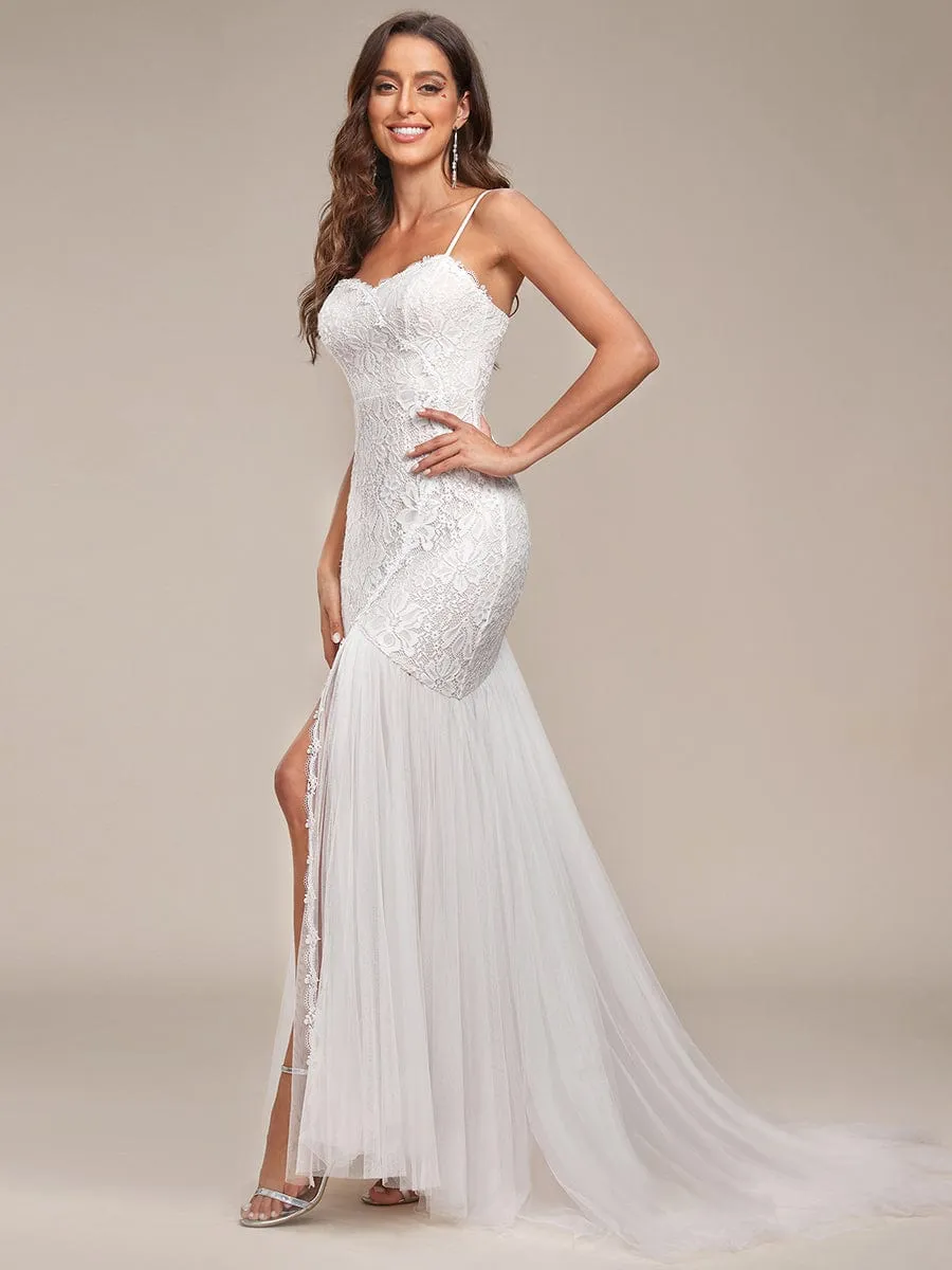 Spaghetti Strap Lace Backless Long Fishtail Wedding Dress