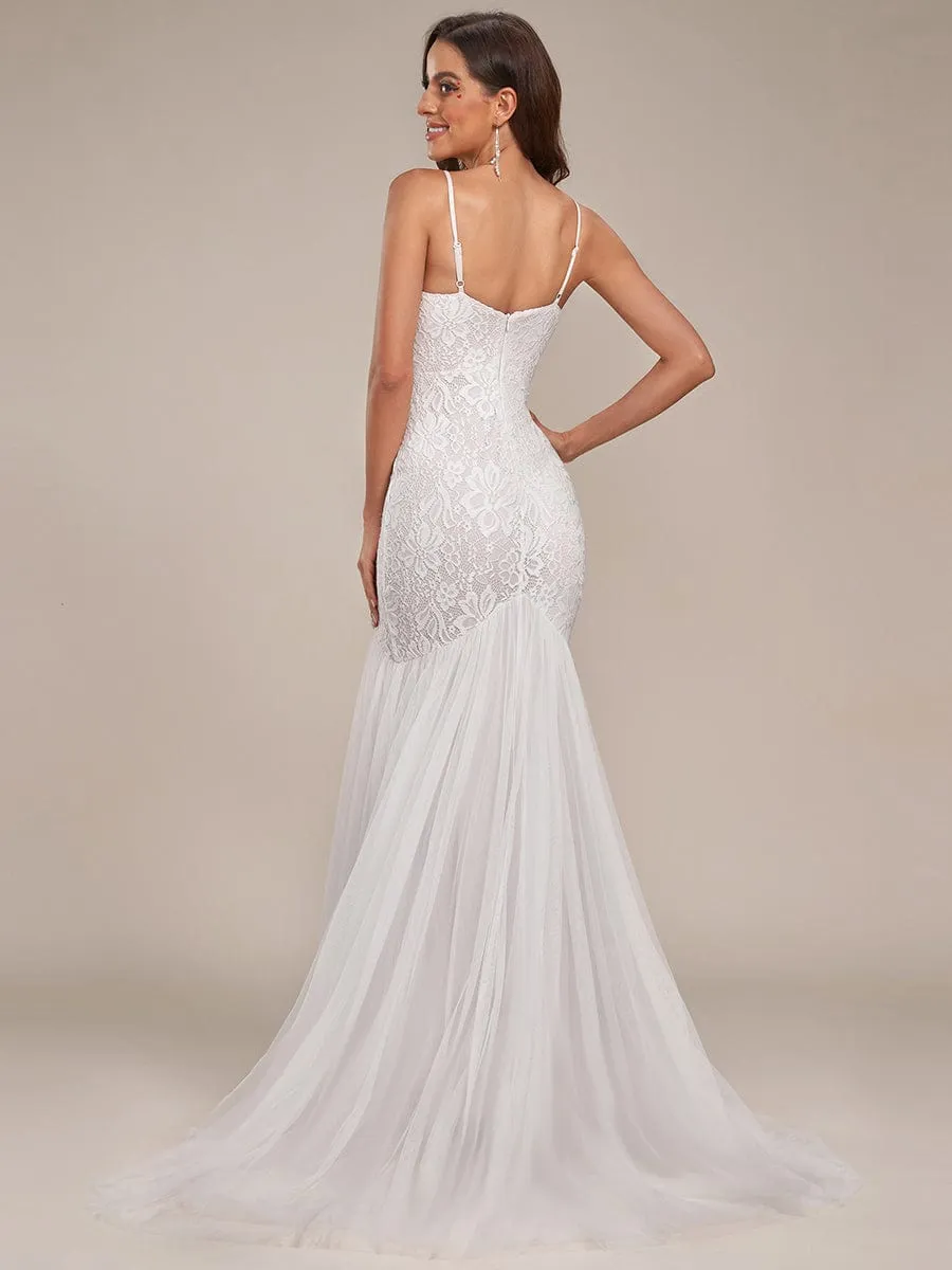 Spaghetti Strap Lace Backless Long Fishtail Wedding Dress