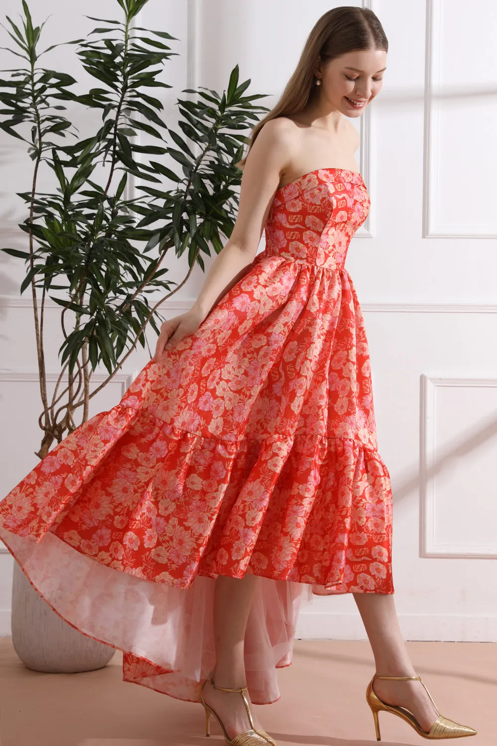 Strapless Floral Print Satin High Low Dress with Pocket