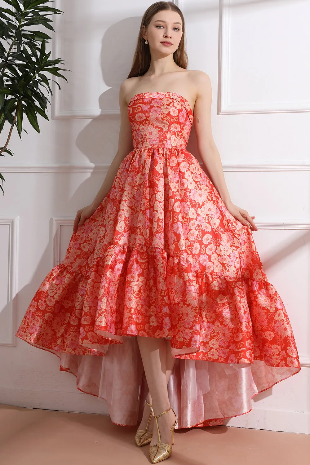 Strapless Floral Print Satin High Low Dress with Pocket