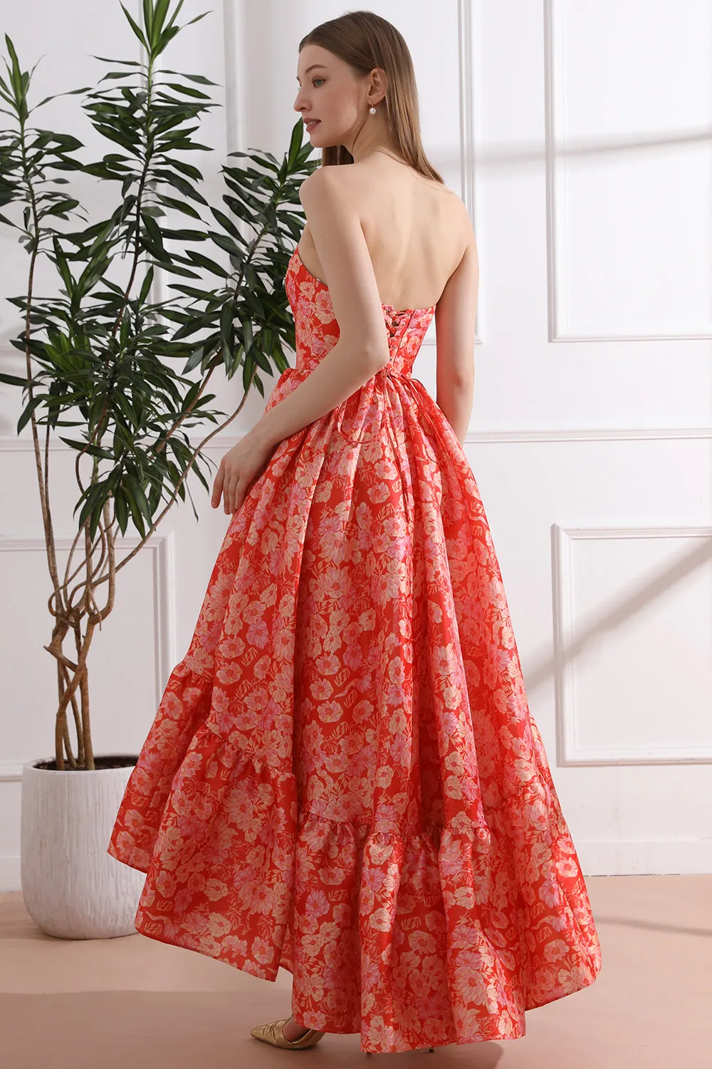 Strapless Floral Print Satin High Low Dress with Pocket