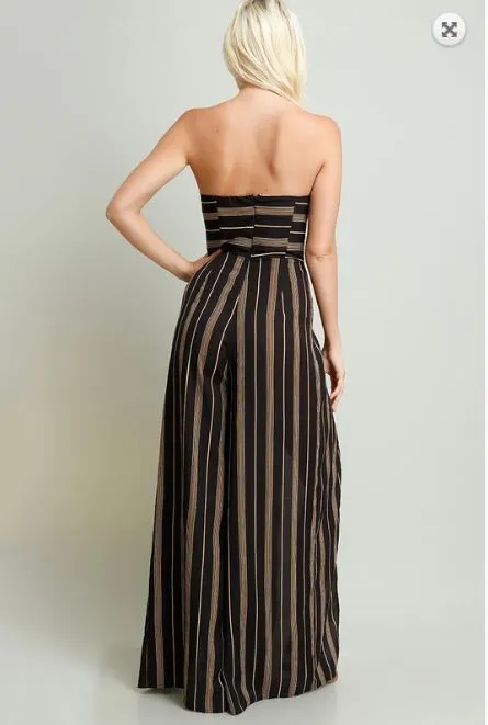 Strapless Striped Split Leg Jumpsuit