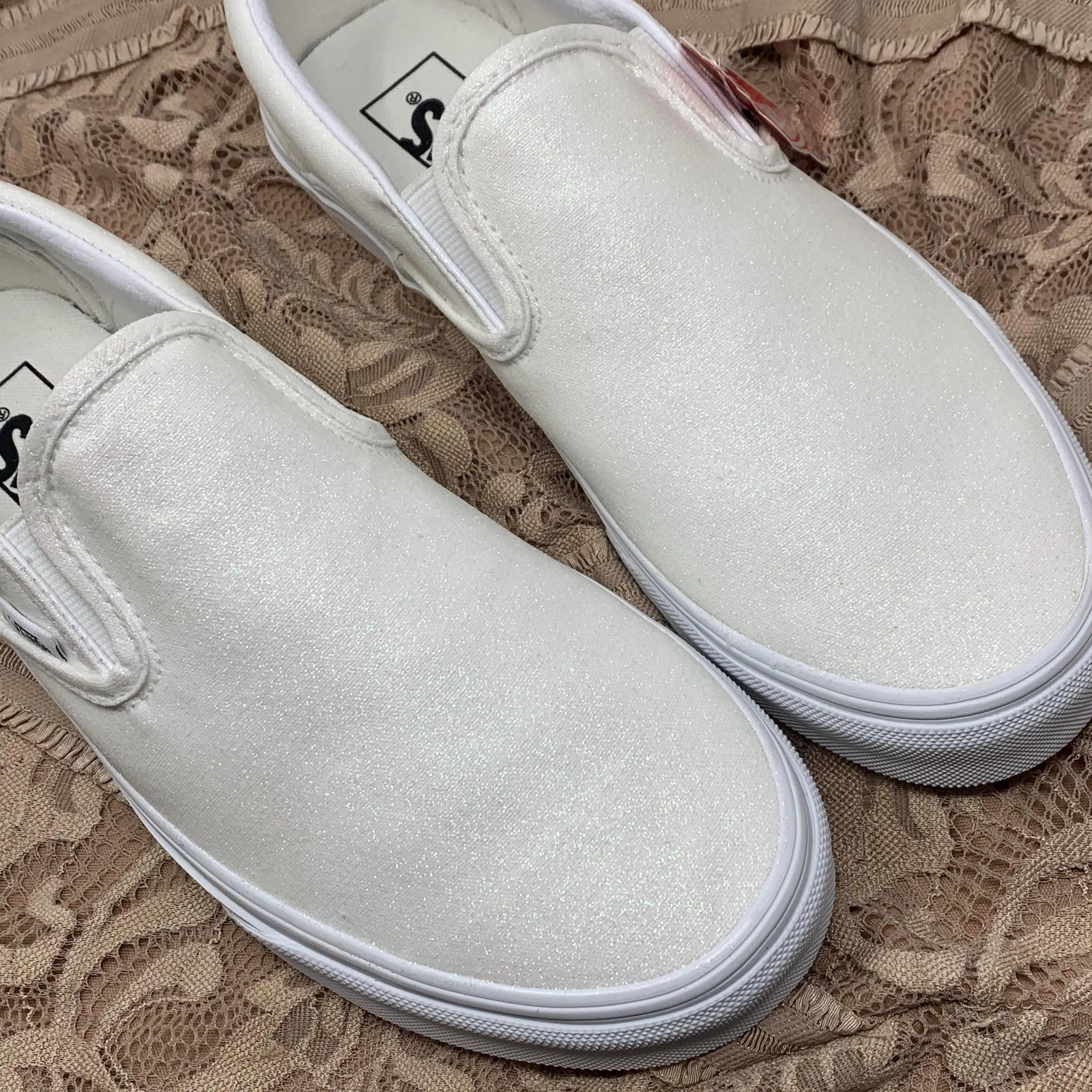 White Glitter Slip On Vans