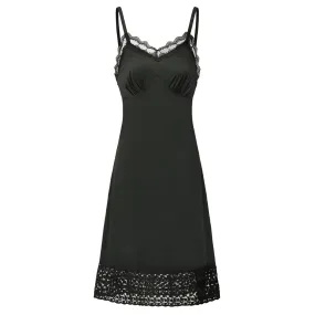 Women Vintage Spaghetti Straps V-Neck Lace Decorated Full Slip Sleep Dress